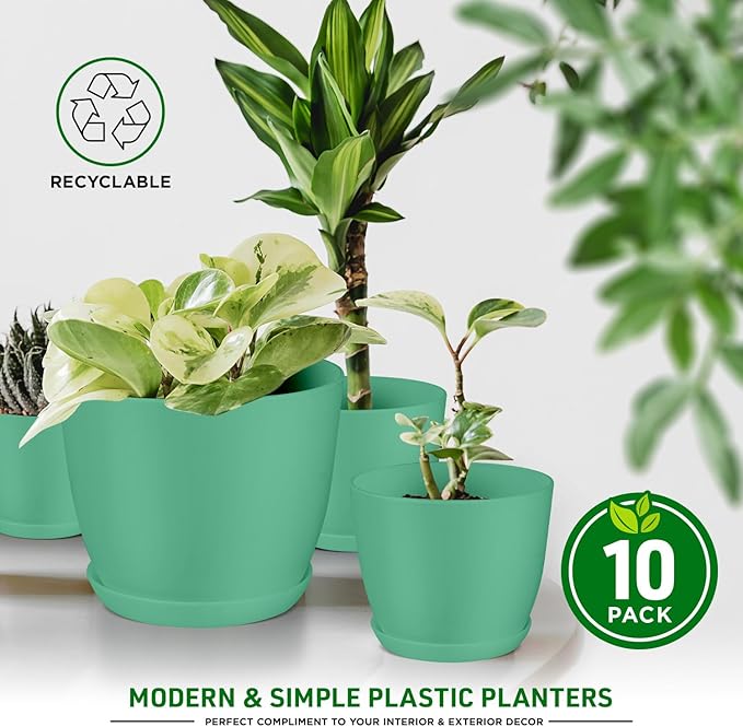 Planter Pots with Drainage Holes - Lightweight, Durable, & Space-Saving Pots for Indoor and Outdoor - Versatile Functionality, Simple Modern Design, Set of 10 Plastic Planter Pots Mint