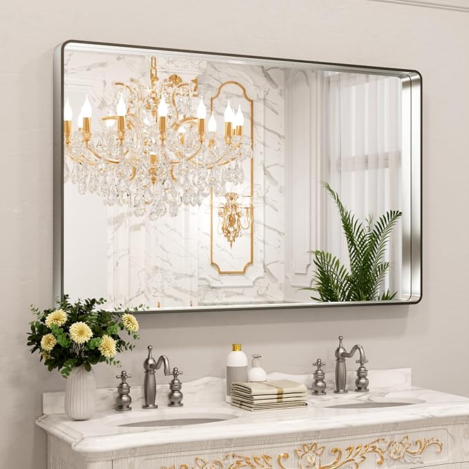 LOAAO 50X30 Inch Brushed Nickel Bathroom Mirror, Rounded Rectangle Silver Metal by LOAAO