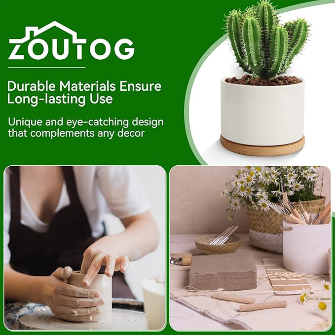 ZOUTOG Plant Pot 4 Inch, Ceramic Succulent Pots with Drainage Hole & Bamboo Tray, Pack of 6 White Small Flower Pots for Home, Office, Indoor or Outdoor Decor - Plants Not Included