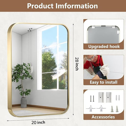 20x28 Inch Gold Bathroom Mirror, Brushed Brass Gold Metal Framed Rectangular - Image 5