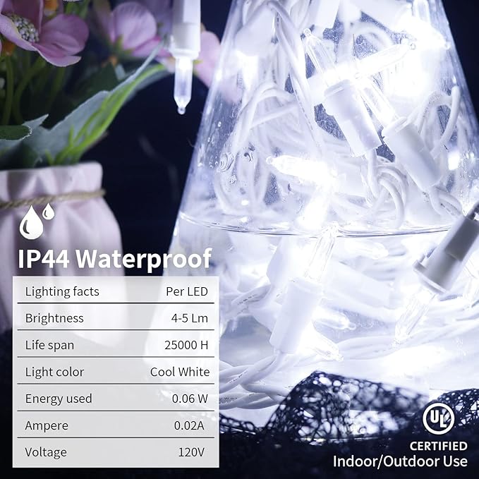 White LED Christmas Lights - 2 Pack 100 Count Cool White Christmas String Lights for Tree, Party, Wedding, Holiday, Indoor and Outdoor Decor, 2 Sets 33 Feet White Wire, UL Certified, Connectable
