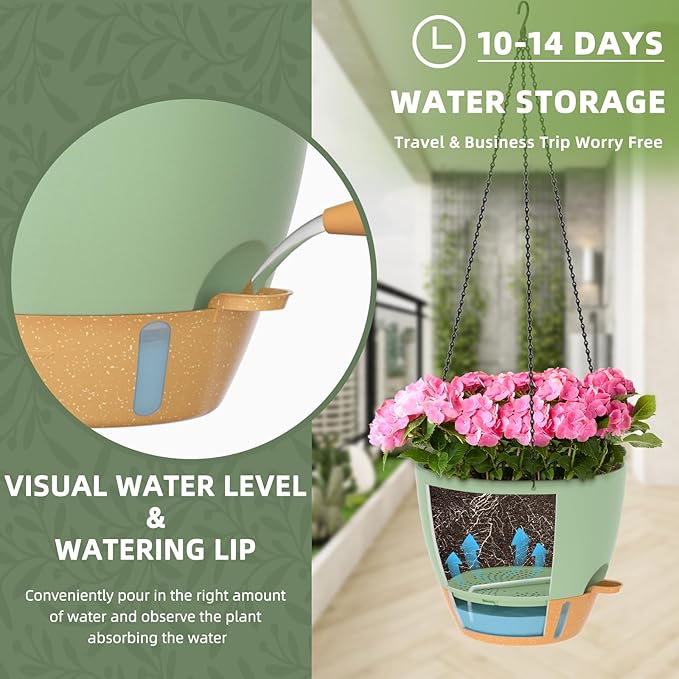 ZMTECH 12 Inch Hanging Planters for Indoor Outdoor Plants, 2 Pack Self Watering Hanging Plant Pots with Drainage Hole, Visual Reservoir, Plastic Flower Hanging Pots with Watering Lip (Green)