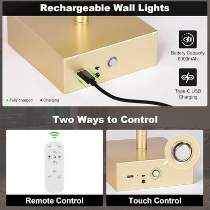 Battery Operated Wall Sconce, 3000K-6000K Dimmable Gold Wall Lights - Image 5