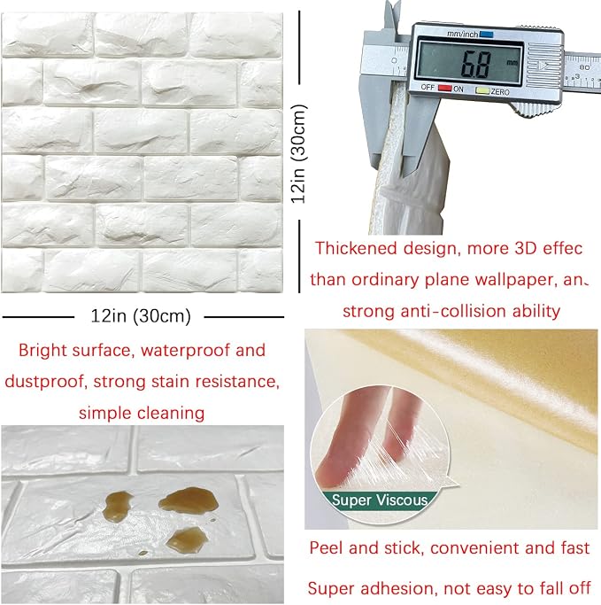 YU LI 3DH 3D Wall Panels Peel and Stick 30PCS White Foam Brick Wallpaper - Image 5