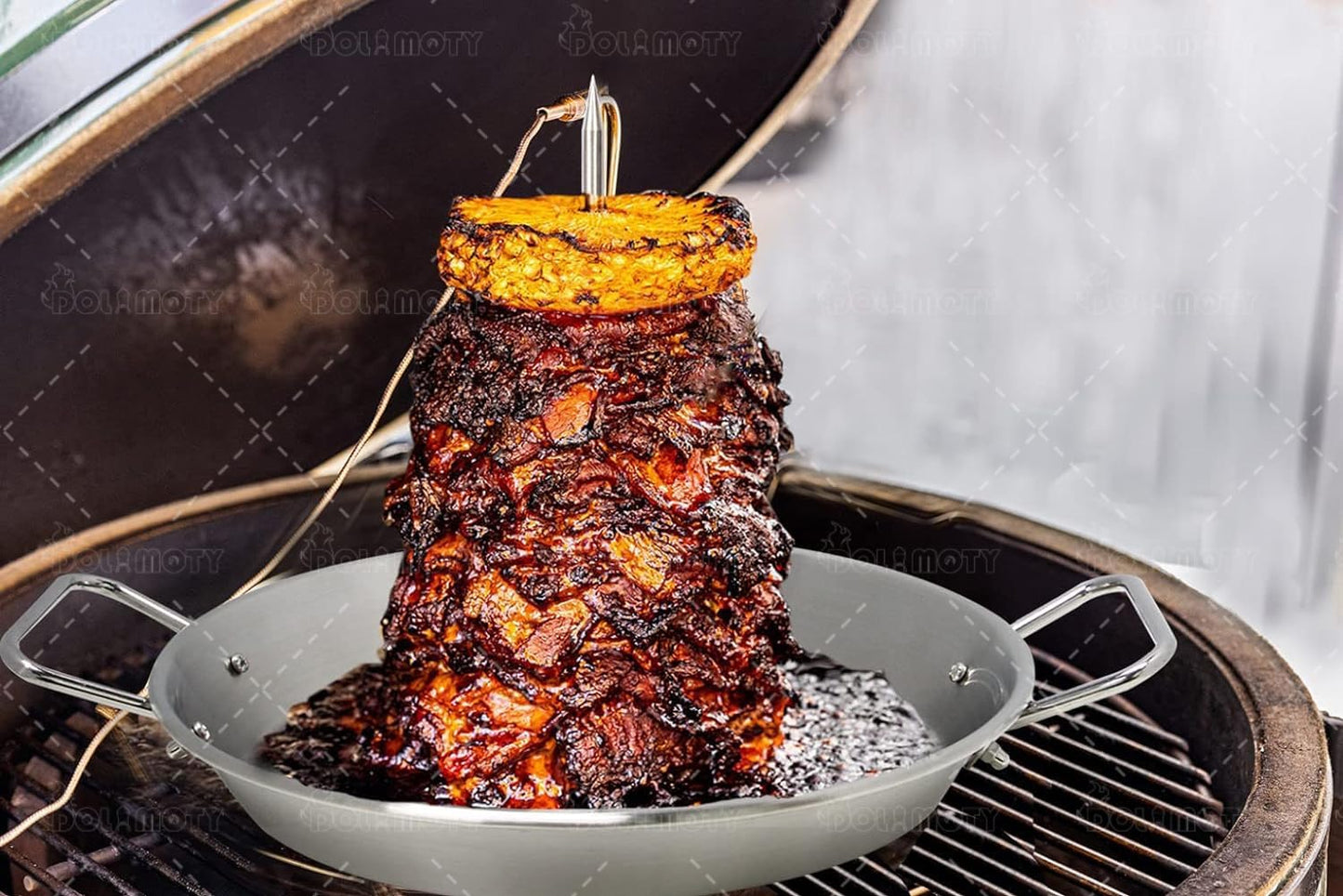 BBQ Vertical Skewer Pan Gyro Spit Shawarma Skewer Stand for oven, Al Pastor Skewer for Grill, El Pastor Hack for Tacos Al Pastor Chicken, Brazilian, Stainless Steel, with 8",10" stick