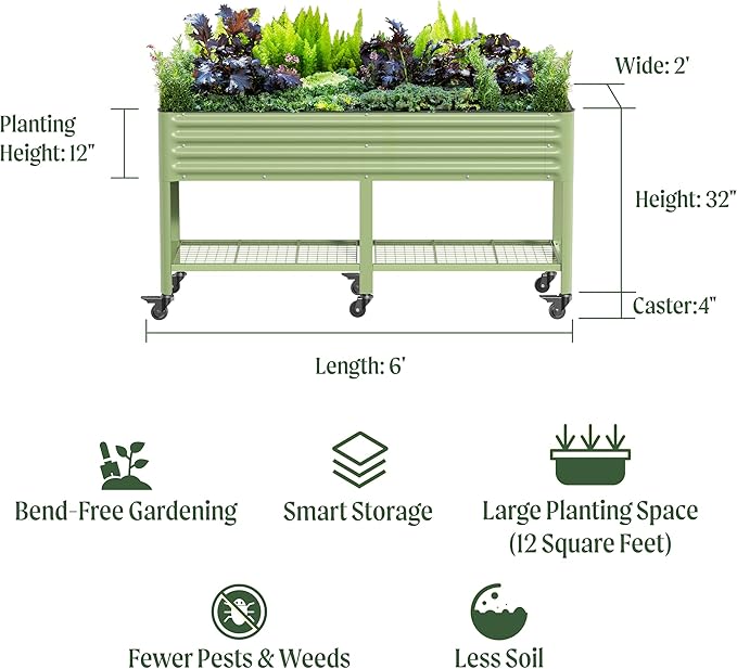 Rolling Elevated Raised Garden Bed-V Series, 2' x 6' Garden Beds with Legs & Storage Rack for Patio & Porch, 1000 Lbs Weight Capacity, Outdoor Planter Box for Vegetables Flower Herbs, Modern Gray