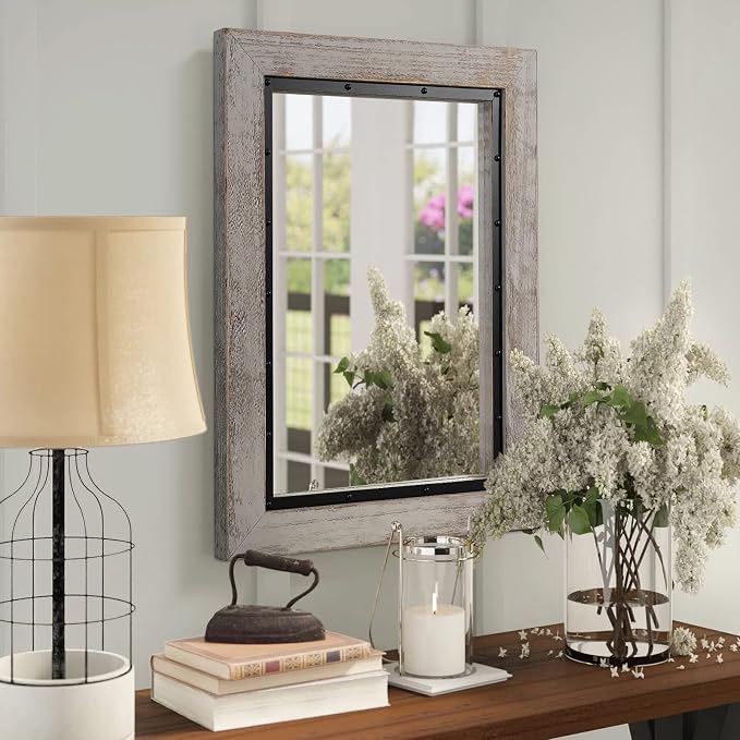 YOSHOOT Rustic Wooden Framed Wall Mirror, Natural Wood and Iron Bathroom Vanity - Image 6