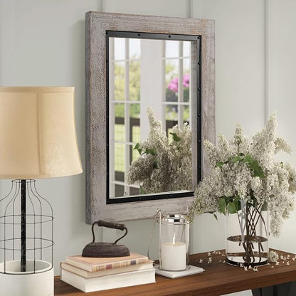 YOSHOOT Rustic Wooden Framed Wall Mirror, Natural Wood and Iron Bathroom Vanity - Image 5
