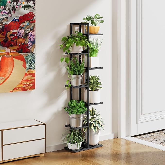 ROSSNY Plant Stand Indoor, 7 Tier 8 Potted Bamboo Plant Stands for Indoor Plants, Corner Plant Stand, Tiered Plant Stands, Plant Shelf For Indoor, 55 Inch Tall Planter Holder for Multiple Plants Indoor, Black