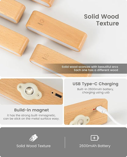 Wood Battery Operated Wall Sconces Set of Two, Magnetic Mini Wall Lights - Image 3