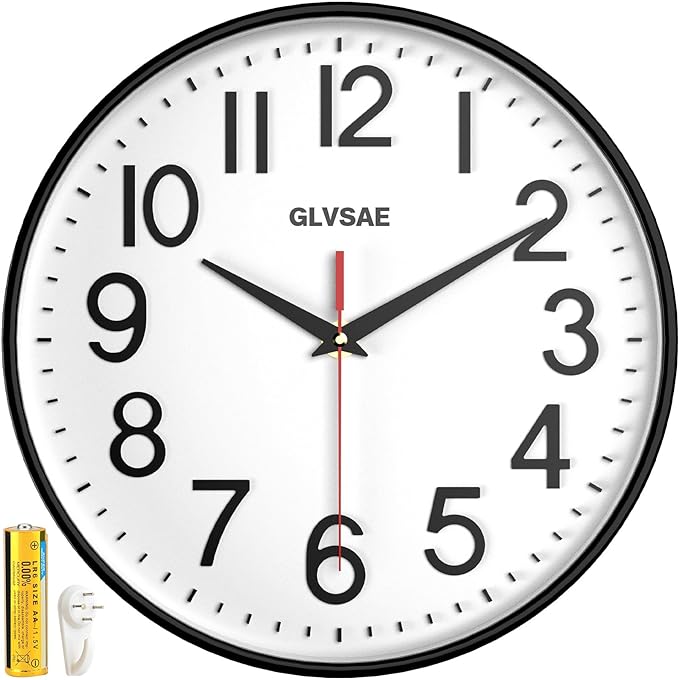 GLVSAE Wall Clock 12 Inches Non-Ticking Wall Clocks Battery Operated Large Easy by GLVSAE