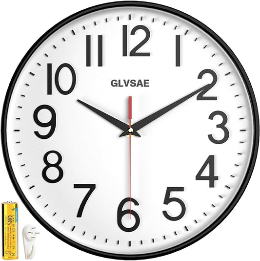GLVSAE Wall Clock 12 Inches Non-Ticking Wall Clocks Battery Operated Large Easy by GLVSAE
