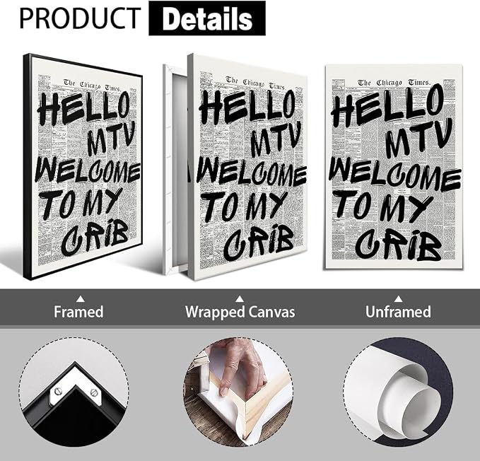 Enlaizhude Hello MTV Welcome To My Crib Quote Poster, Vintage Black White - Image 2