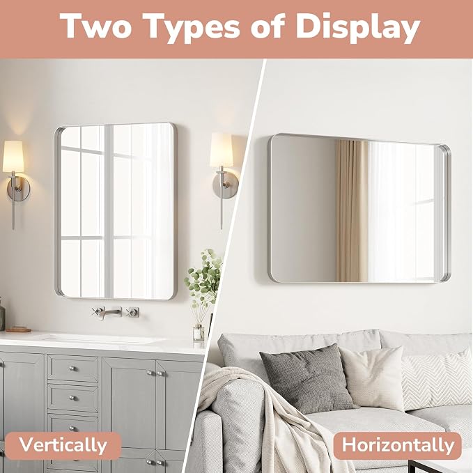 USHOWER Brushed Nickel Bathroom Mirrors 24"x36" 2 Pack, Rounded Corner - Image 6