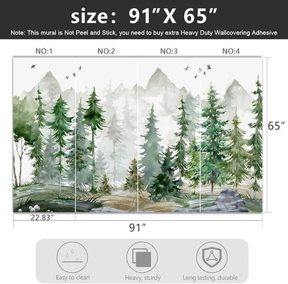 -Green Cartoon Pine Forest Nursery Fabric Wallpaper - Image 4