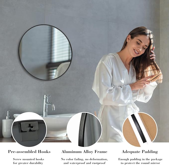 NEWBULIG Round Bathroom Mirror for Over Sink, 20 Inch Wall Mount Vanity Circle - Image 4