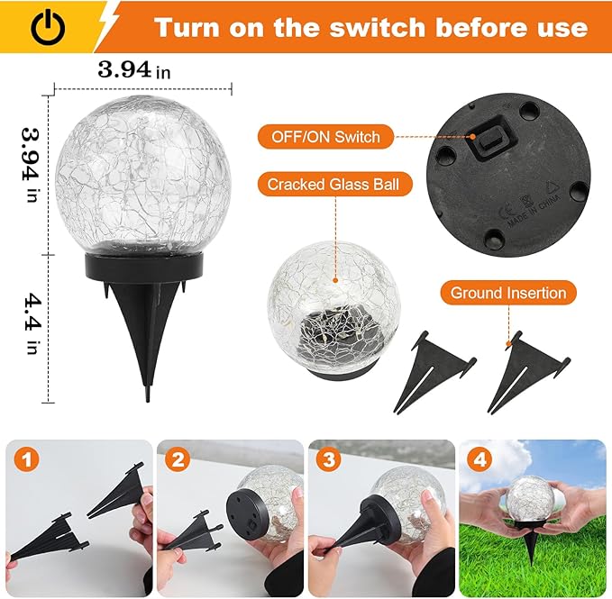 Solar Globe Lights Outdoor Waterproof-Solar Balls-Solar Garden Lights-Solar Orbs for Outside 4 Pack Cracked Glass Ball for Lawn Patio Yard Backyard Decorations, DS-XBQ-1-1-1