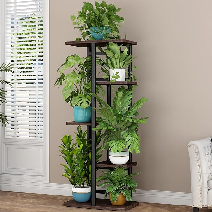 LINZINAR Plant Stand 5 Tier 6 Potted Indoor Plant Shelf Multiple Stands for Garden Corner Balcony Living Room