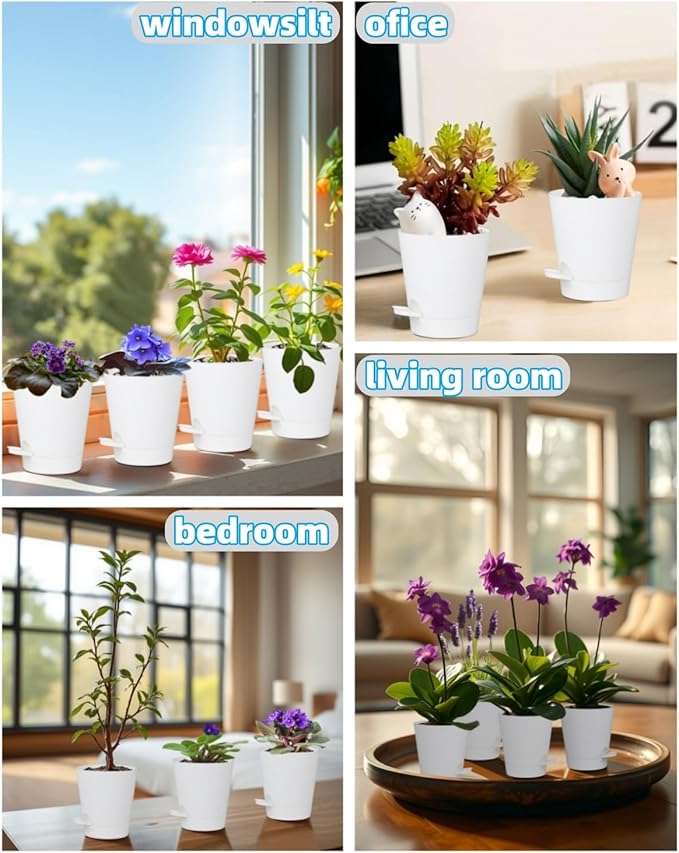 12 Pack 4 Inch Self Watering Plant Pots with Drainage and Saucers，Plastic Flower Pots for Indoor and Outdoor Plants, Nursery Planters for Houseplants and Herbs White, 4 inch 12pcs