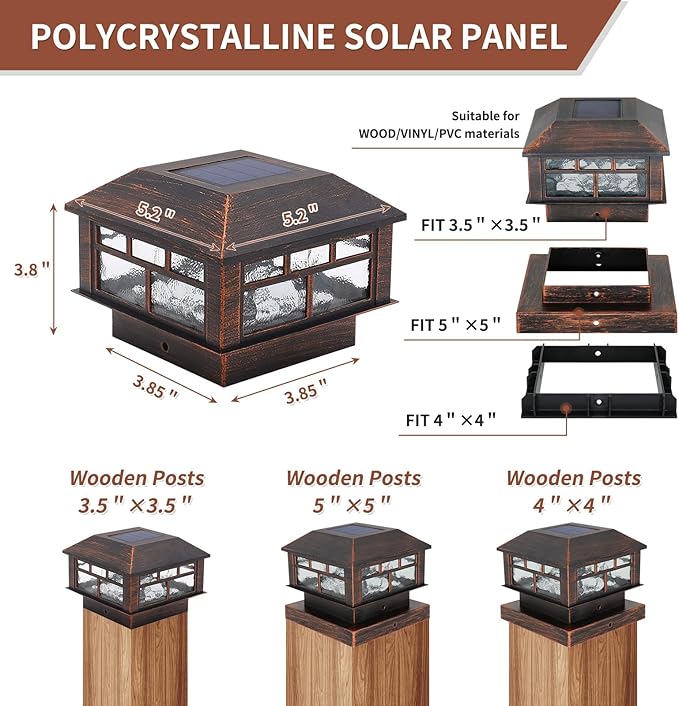 Solar Post Lights Outdoor, 20LM Fence Post Cap Lights, Waterproof, 2 Light Modes, Fit 3.5x3.5in 4x4in 5x5in Wooden Post, Solar Power Deck Lights for Garden Deck Patio Decoration(Bronze 4Pack)