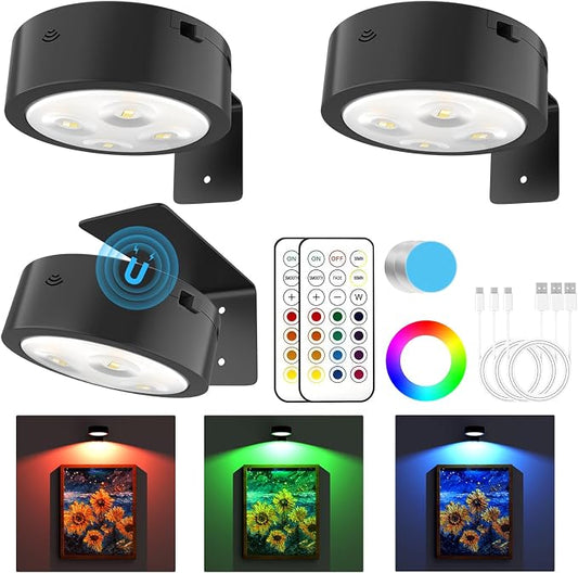 3 Pack Picture Lights for Wall, 13 RGB Color Rechargeable Battery Operated wall by Narotood
