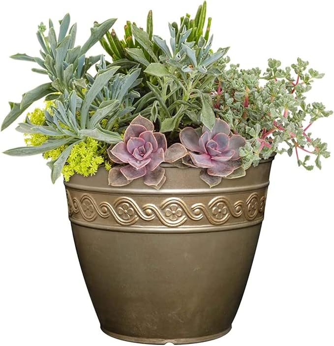 Classic Home and Garden Corinthian Resin Flower Pot Planter, Bronze, 10"
