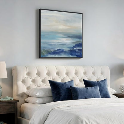 Framed Blue Abstract Wall Art Decor, Square Coastal Modern Canvas Artwork - Image 2