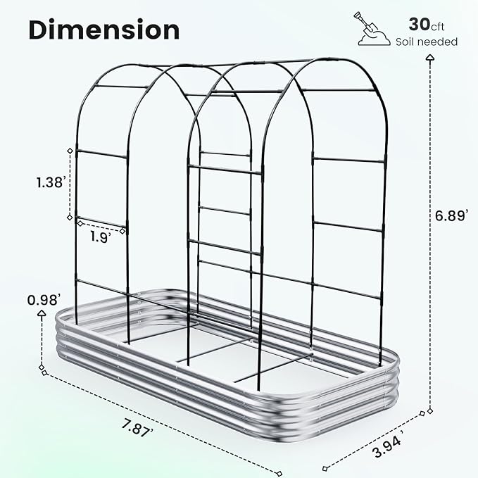KING BIRD Raised Garden Bed with Arched Trellis Galvanized Planter Garden Box Outdoor for Gardening, Climbing Vegetables, Flowers 7.87x3.94x0.98 Ft, Silver