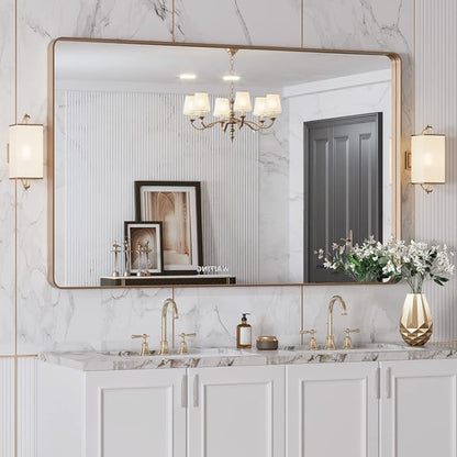 LOAAO 48”X30” Gold Bathroom Mirror, Rounded Rectangle Gold Frame Mirror - Image 4