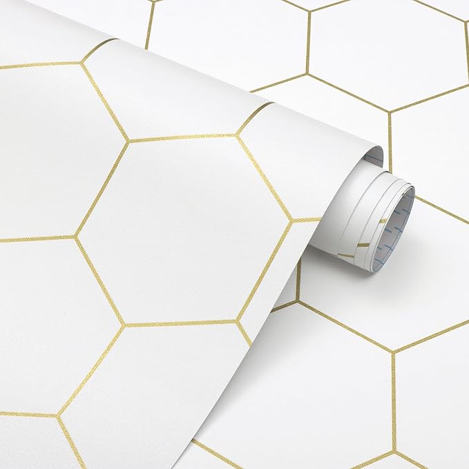 Hexagonal Wallpaper Geometric Peel and Stick Wallpaper 17.3”×197”Gold and White by Fiula
