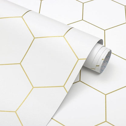 Hexagonal Wallpaper Geometric Peel and Stick Wallpaper 17.3”×197”Gold and White by Fiula