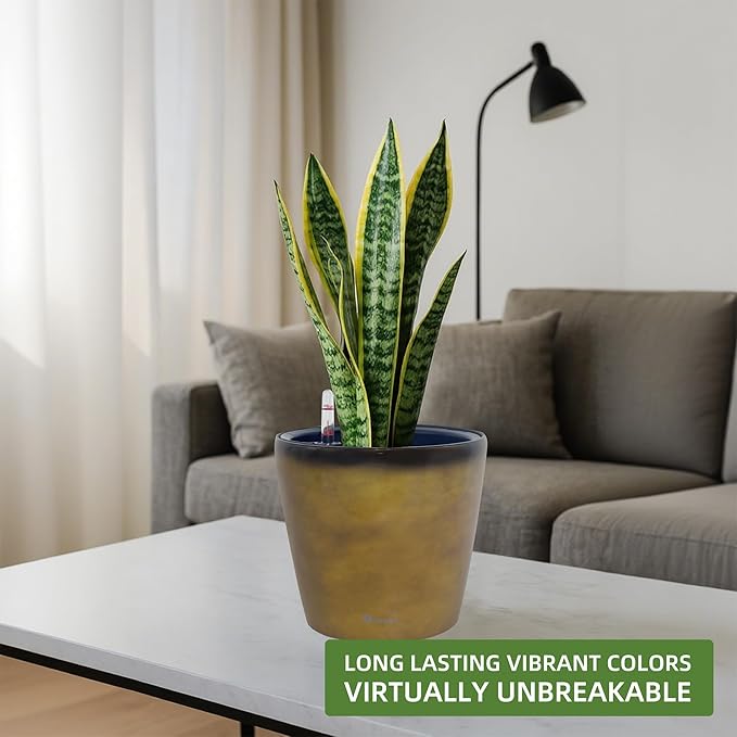 Dexceder 11x10 Inches Self Watering Planter Indoor Outdoor, Inner Pot Design, Thickened Table Flower Plant Pot with Water Level Indicator (Yellow Brown Gradient)