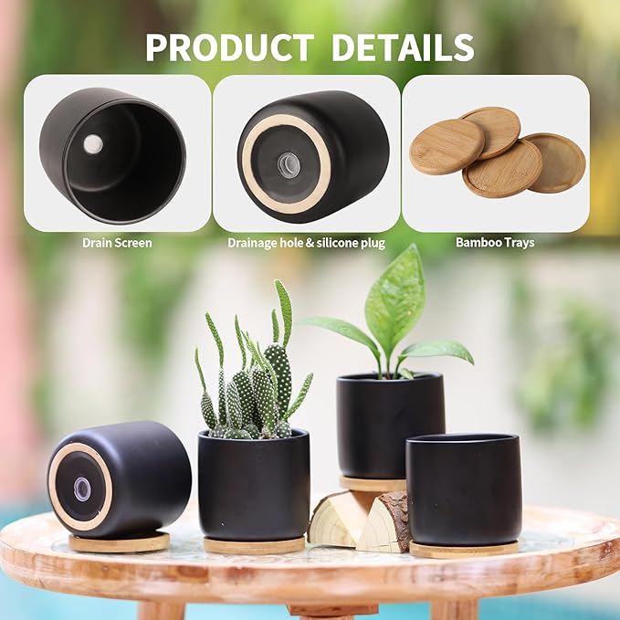 4 Inch Ceramic Plant Pots with Drainage Holes and Trays, Adorable Small Cylinder Flower Planter Pot for Indoor Plants, Succulent, Snake Plants, Cactus & Herbs, Black, Set of 4