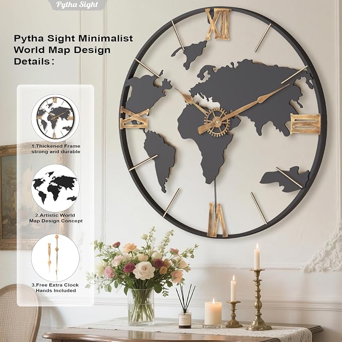 Pytha Sight 20 Inch Large Wall Clock, Modern Decorative Big World Map - Image 2