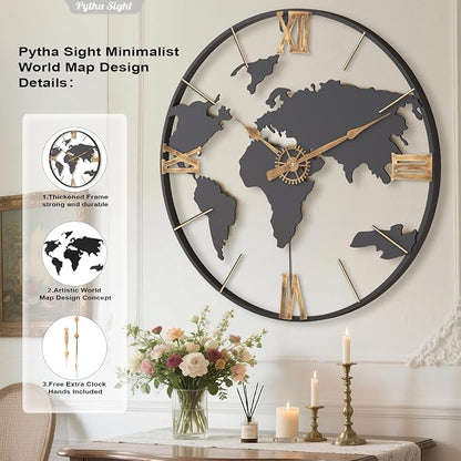 Pytha Sight 20 Inch Large Wall Clock, Modern Decorative Big World Map - Image 2