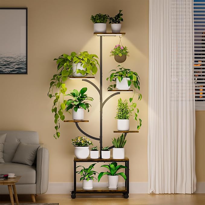 Plant Stand Indoor with Grow Lights, 60" Tall 7-Tier Metal Plant Stand with Wheels & Tree-Shaped Design for Indoor Plants, Flower Holder Display Rack for Home, Patio - Black