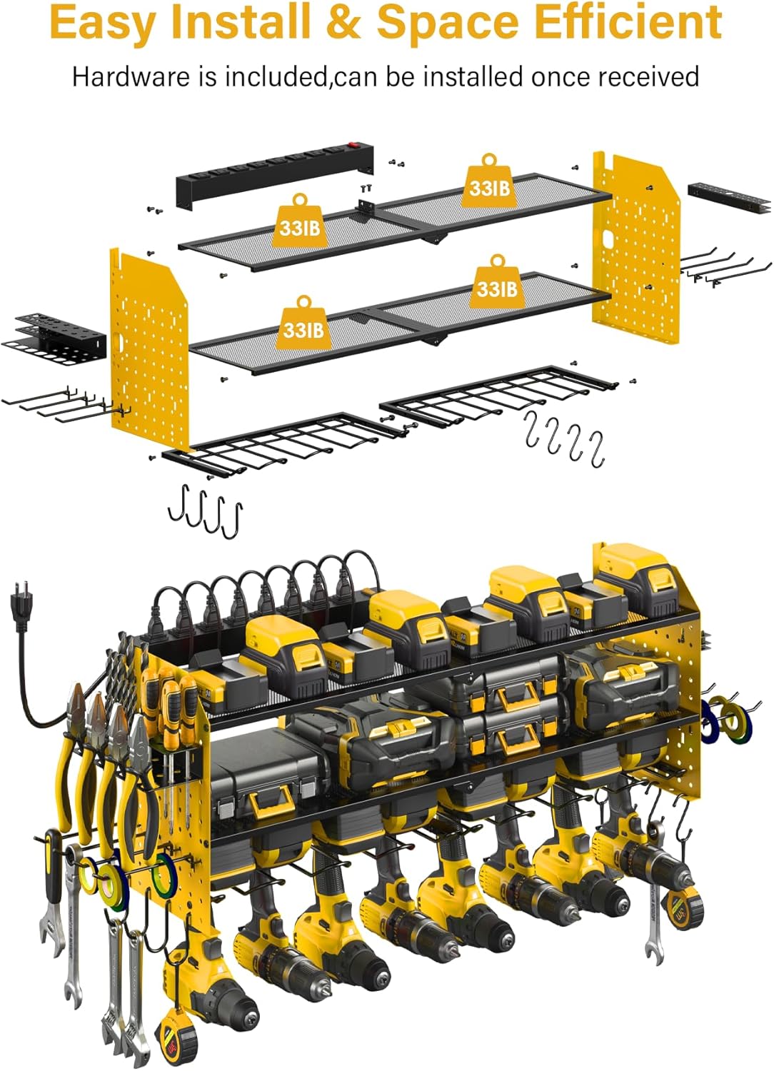 JUNNUJ Large Pegboard Power Tool Organizer with Charging Station, 8 Drills Driver and Tools Battery Holder Wall Mount with 8 Outlet Power Strip, Yellow 3-Layer Shop Garage Storage Utility Rack