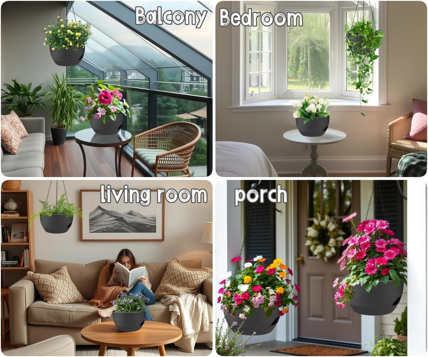 2 Pack 12 Inch Large Hanging Planters with Chains Self Watering Black Plastic Hanging Pots for Indoor Outdoor Plants, Garden Porch Home Decor，Black