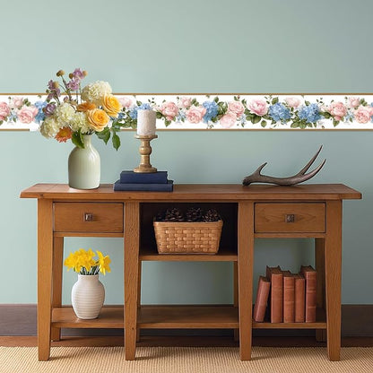 Floral Rose Wallpaper Border 196x4 Inch Peel and Stick Wall Border Pink Blue - Image 6