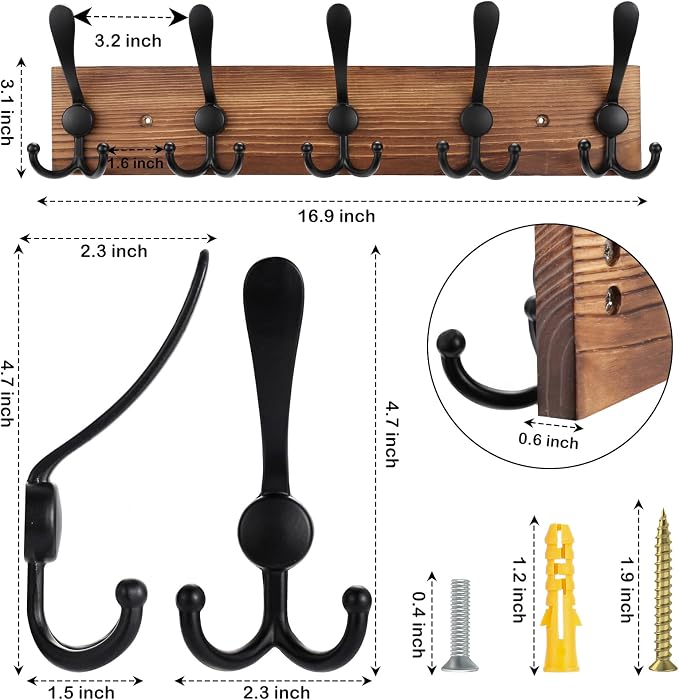Kuhome 2pcs Coat Rack Wall Mount Wooden Hat Rack - Image 2