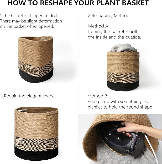 Dahey Jute Spliced Cotton Rope Plant Basket Modern Woven Storage Basket for 10" Floor Indoor Planter, Decorative Flower Pots Cover Laundry Bin with Handle Rustic Home Decor, White and Beige