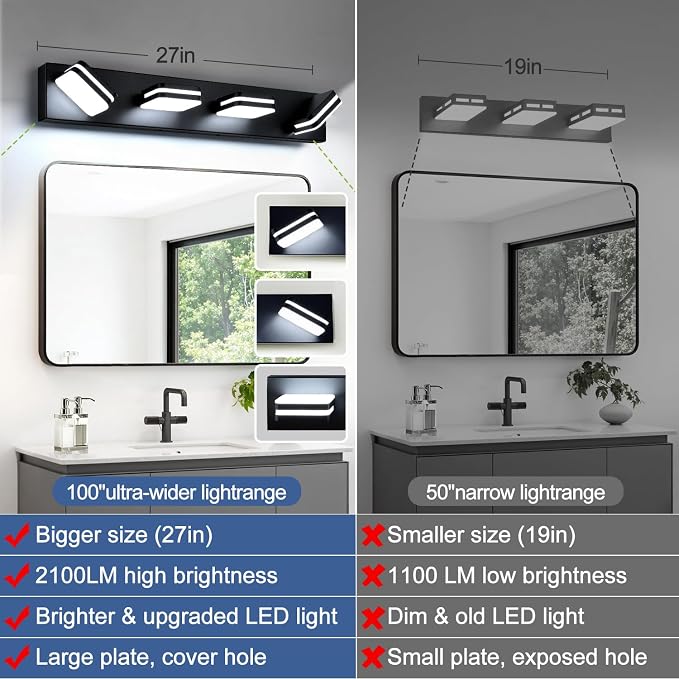 360° Rotate LED Bathroom Vanity Light Fixtures, 1600LM Acrylic Matte Black - Image 4