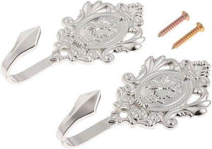 2Pcs Wall Hooks Silver Rose Pattern Carved Vintage Drapery Clothes Key Hook by Hicello