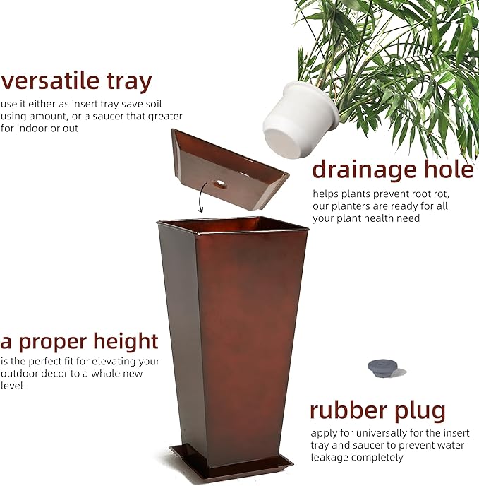 KOL 28''H. Tall Galvanized Steel Glazed Planter with Saucer, Set of 2, Planter Pots with Insert for Indoor & Outdoor Use, Decorative Flower Plant Pots for Front Porch, Patio, Deck - Reddish Brown