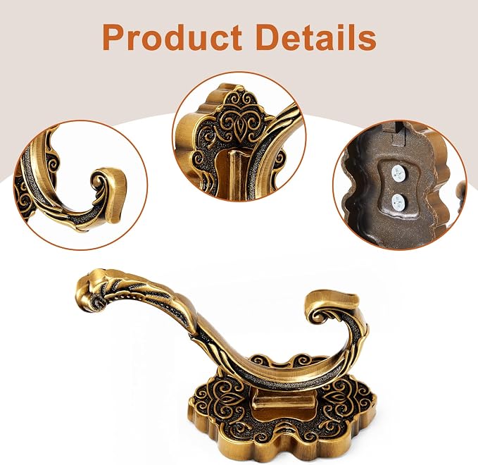 Zonon 2 Pcs Antique Gold Wall Hooks Set Vintage Coat & Towel Hooks - Image 3