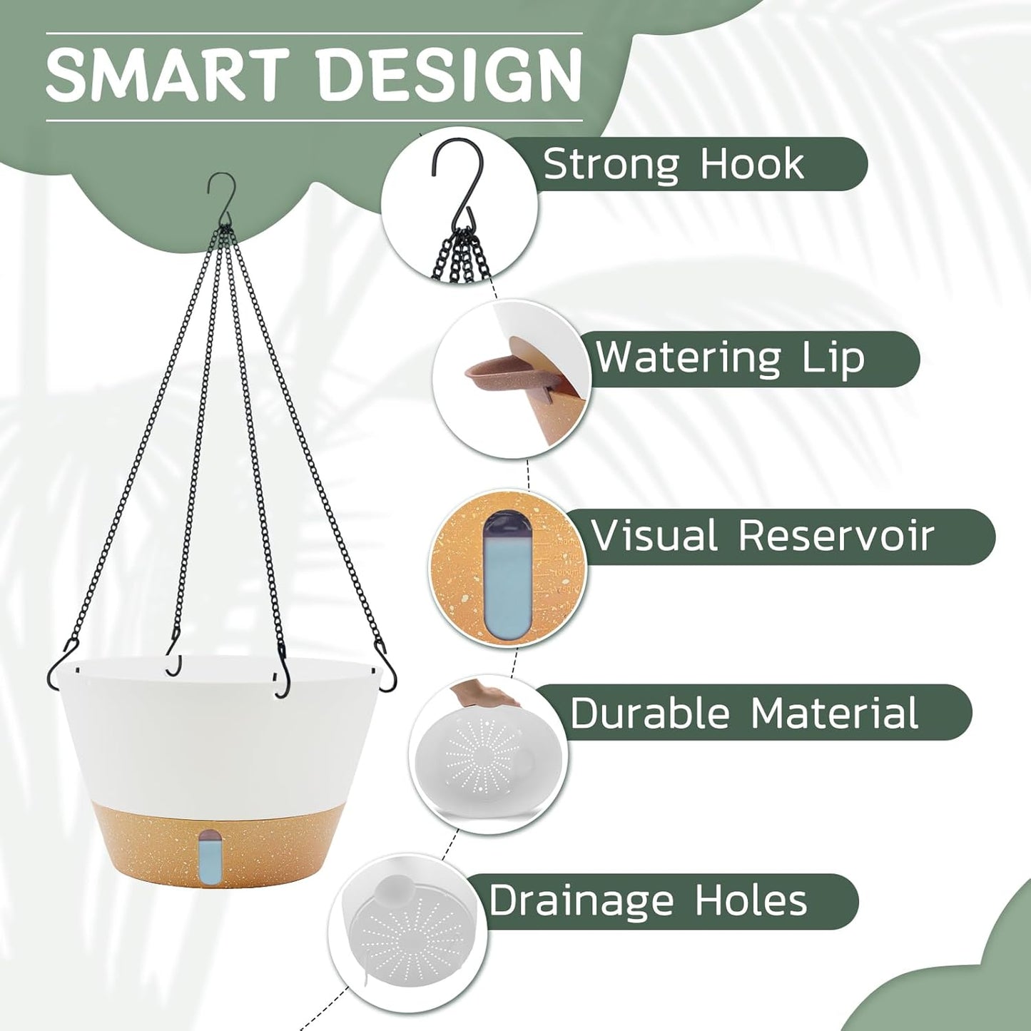 ZMTECH 12 Inch Hanging Planters for Indoor, 2 Pack Large Hanging Plant Pot with Visible Water Level and Chain, Self Watering Hanging Flower Pot for Outdoor Garden Porch(12Inch, White)