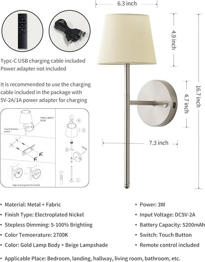 Wall Sconces Battery Operated Set of Two, Small Rechargeable Wall Lights - Image 5
