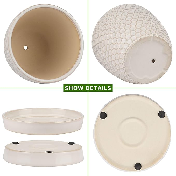 Docrin Ceramic Plant Pots Indoor: 6.6 + 5.5 Inch Planters with Drainage Holes and Saucer for Home/Office - Set of 2 /Milky White Honeycomb
