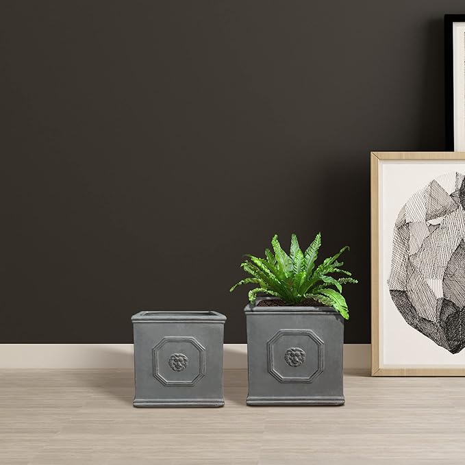 Kante Square Lion Head Concrete Planter Set of 2, Classic English Style Plant Pot with Drainage Hole and Rubber Plug for Indoor Outdoor, 10.2"x10.2"x10.2" and 12.6"x12.6"x12.6" Antique Gray