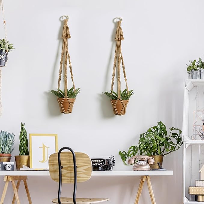 Artilady Plant Hanger Indoor Macrame Hanging Planters for Plants Holder Boho Brown Basket No Tassels Farmhouse Rustic Window Wall Decor